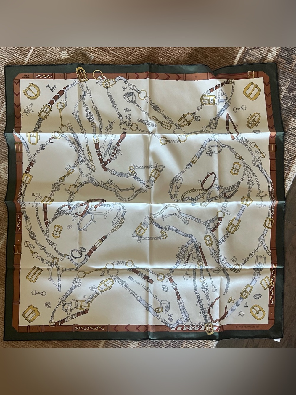 Hermes Silk Scarf in Ivory, Brown & Gold Equestrian Print - Picture 3 of 5